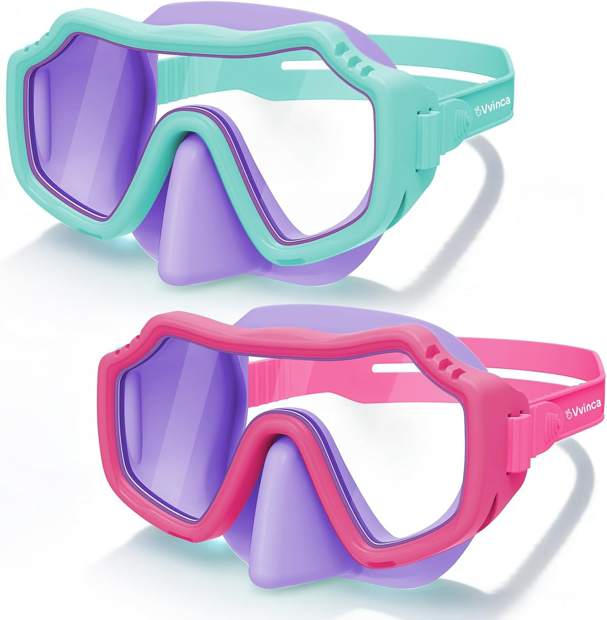 Kids Solid-Silicone Dive Masks — 2 Pack - 2 Pack — Green Purple Clear + Magenta Purple Clear