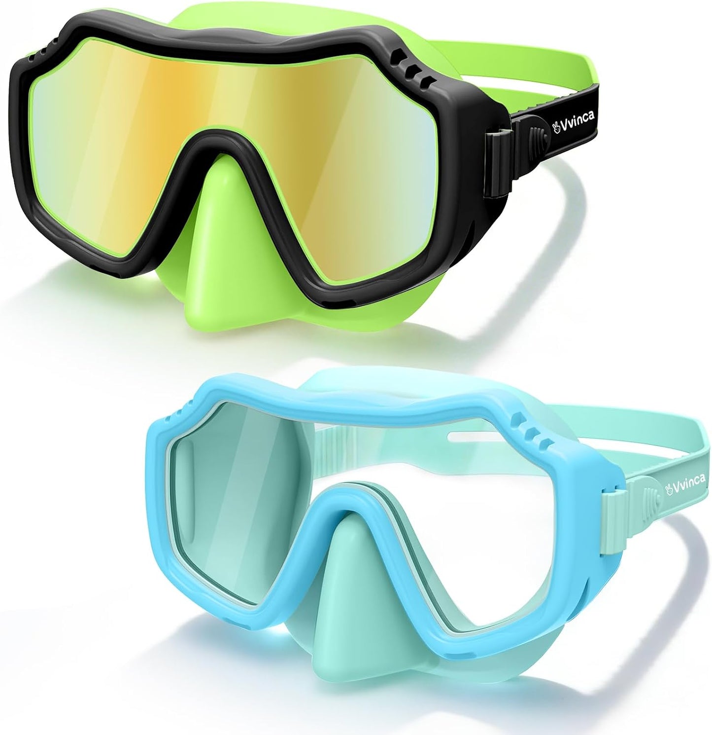 Kids Solid-Silicone Dive Masks — 2 Pack - Black Green/Clear Gold Mirror+Blue Green/Clear