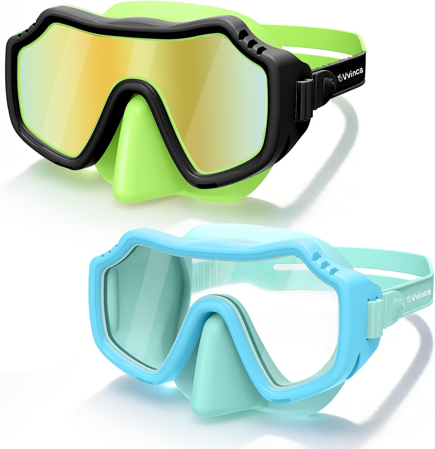 Kids Solid-Silicone Dive Masks — 2 Pack - Black Green/Clear Gold Mirror+Blue Green/Clear