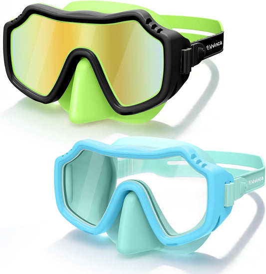 Kids Solid-Silicone Dive Masks — 2 Pack - Black Green/Clear Gold Mirror+Blue Green/Clear