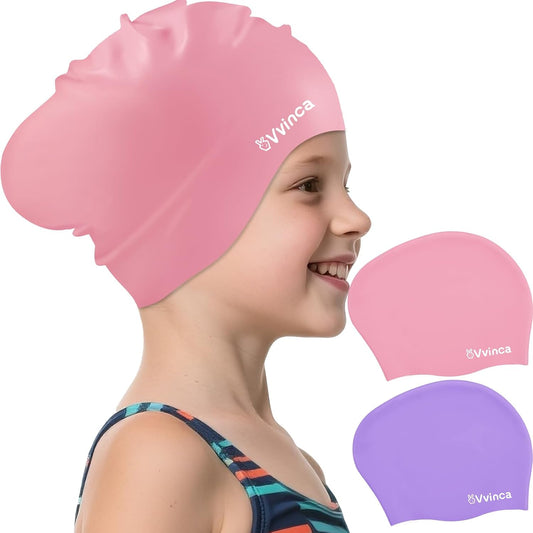 Kids Long-Hair Swim Caps — 2 Pack - Pink + Purple
