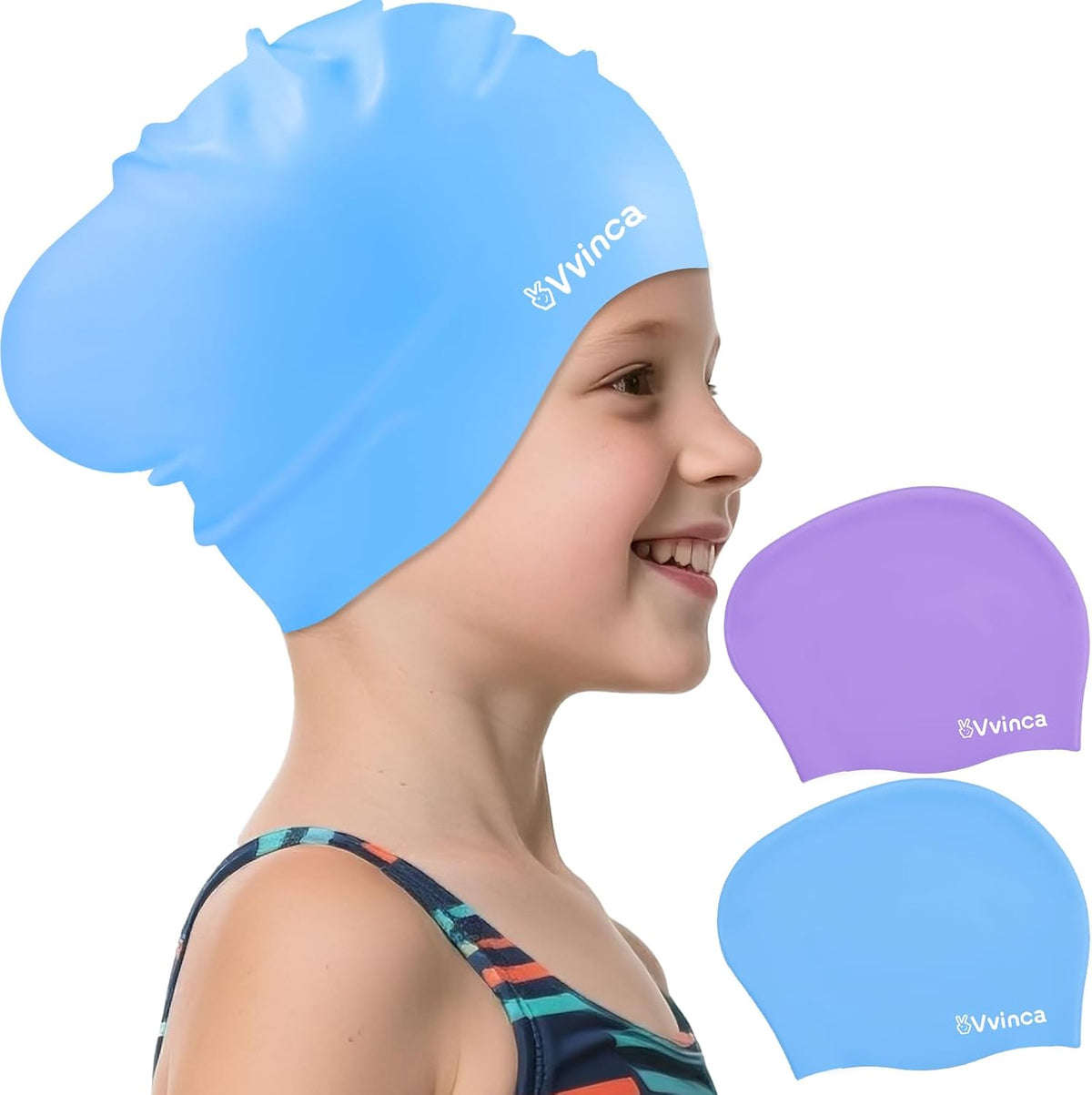 Kids Long-Hair Swim Caps — 2 Pack - 2 Pack — Blue + Purple