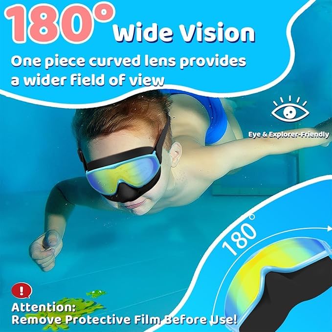 Vvinca Kids Goggles with Nose Cover Comfort Fabric Strap, Kids Swim Goggles Wide View Diving Mask Anti-Fog/UV No Leaking Swimming Goggles for 3-14