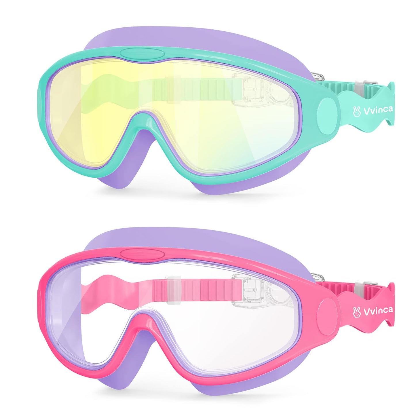 Vvinca Kids Swim Goggles for Boys Girls Age 3-15, Soft Wave-Shape Strap (No Hair Pulling), 180° Wide View Anti Fog/UV Waterproof Swimming Goggles, Leak Free Silicone Pool Goggle for Toddler Youth