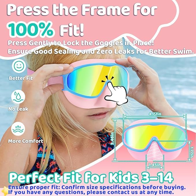 Vvinca Kids Goggles with Nose Cover Comfort Fabric Strap, Kids Swim Goggles Wide View Diving Mask Anti-Fog/UV No Leaking Swimming Goggles for 3-14