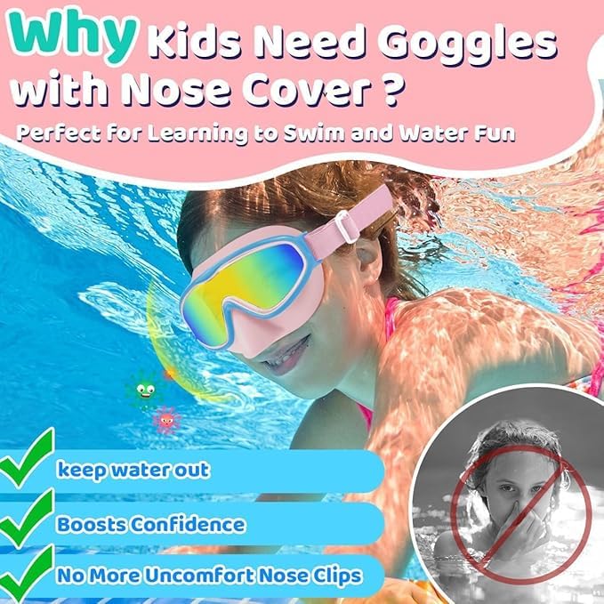 Vvinca Kids Goggles with Nose Cover Comfort Fabric Strap, Kids Swim Goggles Wide View Diving Mask Anti-Fog/UV No Leaking Swimming Goggles for 3-14