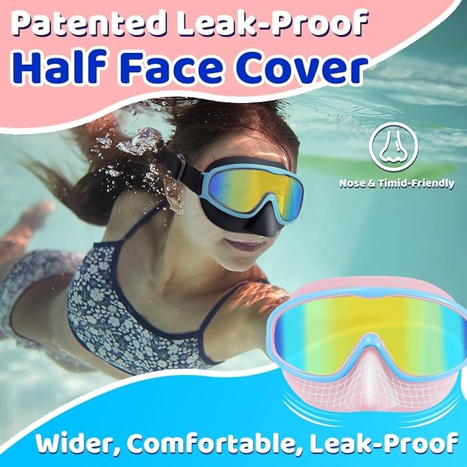 Vvinca Kids Goggles with Nose Cover Comfort Fabric Strap, Kids Swim Goggles Wide View Diving Mask Anti-Fog/UV No Leaking Swimming Goggles for 3-14
