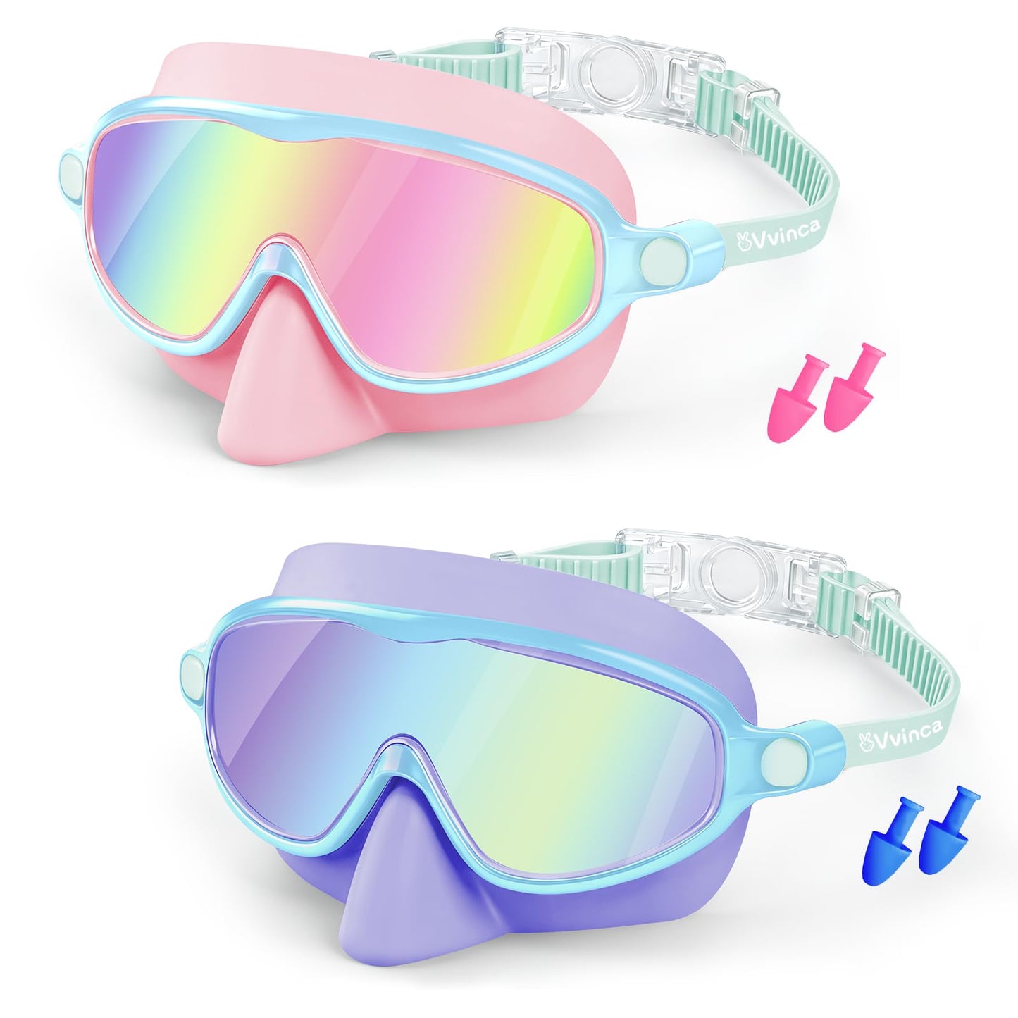 Vvinca 2 Pack Kids Swim Goggles with Nose Cover, Wide View Anti-Fog UV Protection Swimming Mask for Boys Girls Ages 3-14, No Leak Pool Goggles for Toddlers