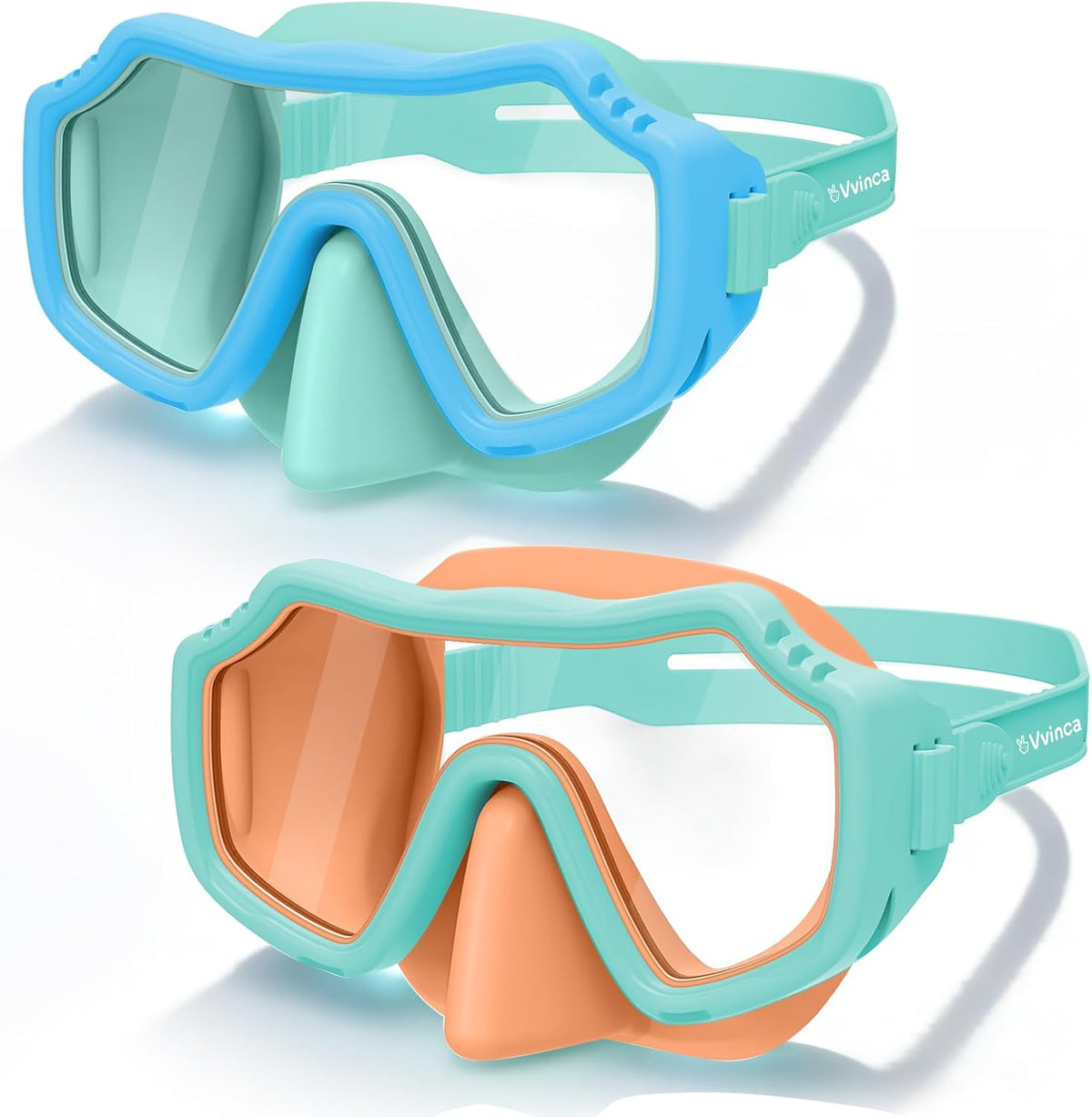 Kids Solid-Silicone Dive Masks — 2 Pack - 2 Pack — Blue Green Clear + Green Orange Clear