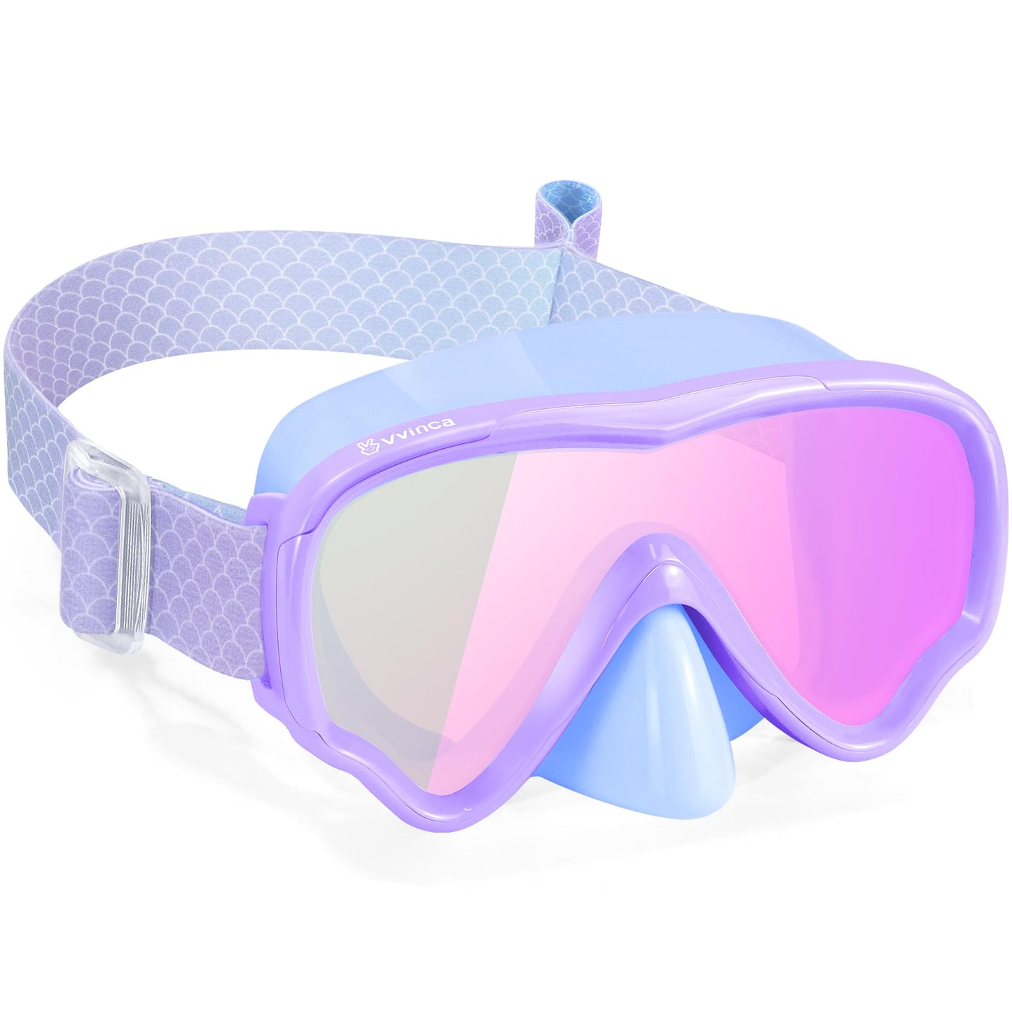 Vvinca Kids Swim Goggles with Nose Cover & Tangle-Free Fabric Strap - Anti-Fog/UV Waterproof Swimming Mask for Boys Girls 3-15, Wide View Snorkel Gear with Soft Silicone Seal, Mermaid Scales