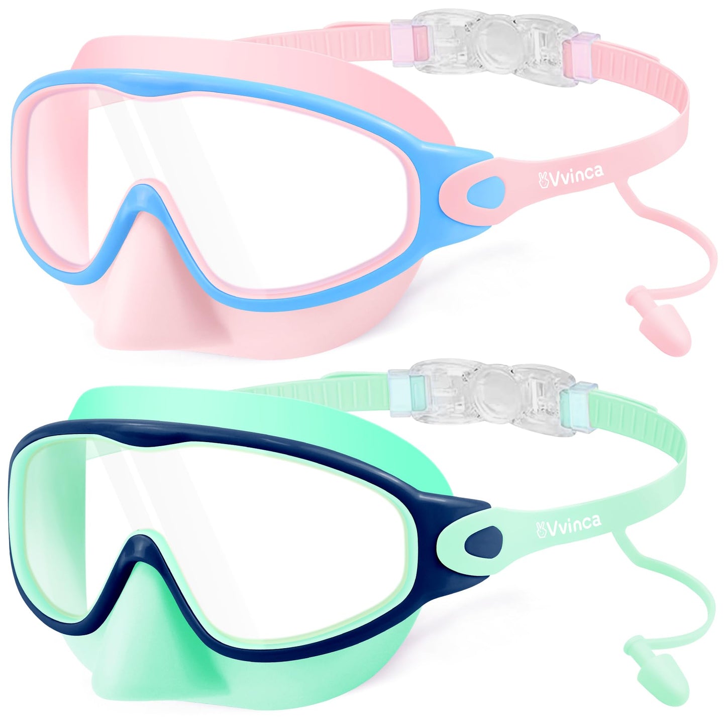 Vvinca Kids Swim Goggles 2 Pack with Nose Cover and Attached Earplugs, Wide View Anti-Fog/UV Swimming Goggles for Age 3-12 Boys Girls, No Leak Pool Water Clear Swimming Goggle for Youth Toddler