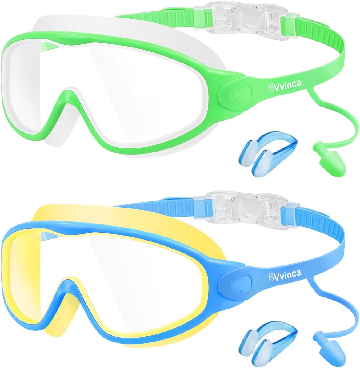Kids Wide-View Goggles with Earplugs - Without / 2 Pack — White Green Clear + Yellow Blue Clear