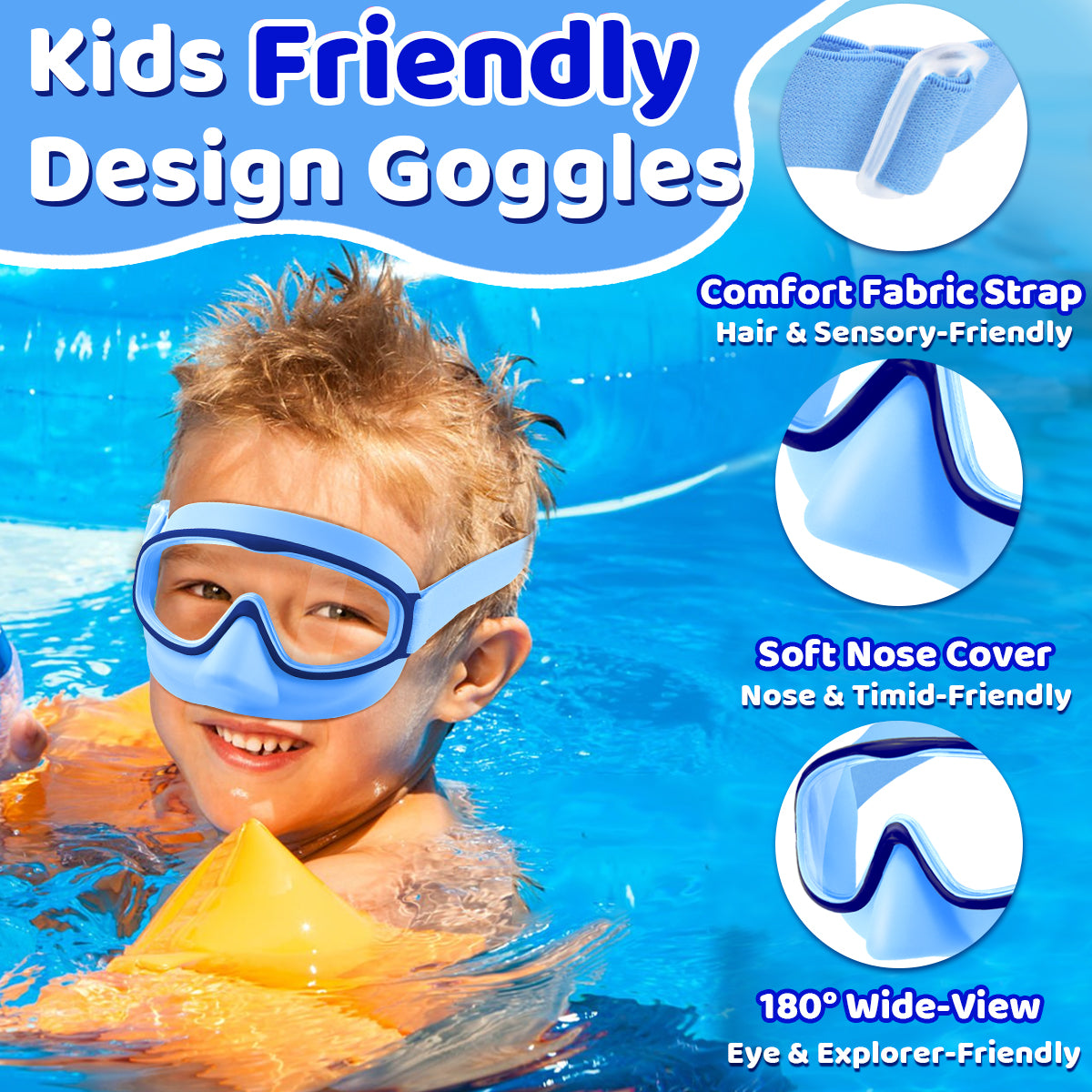 Vvinca Kids Goggles with Nose Cover Comfort Fabric Strap, Kids Swim Goggles Wide View Diving Mask Anti-Fog/UV No Leaking Swimming Goggles for 3-14