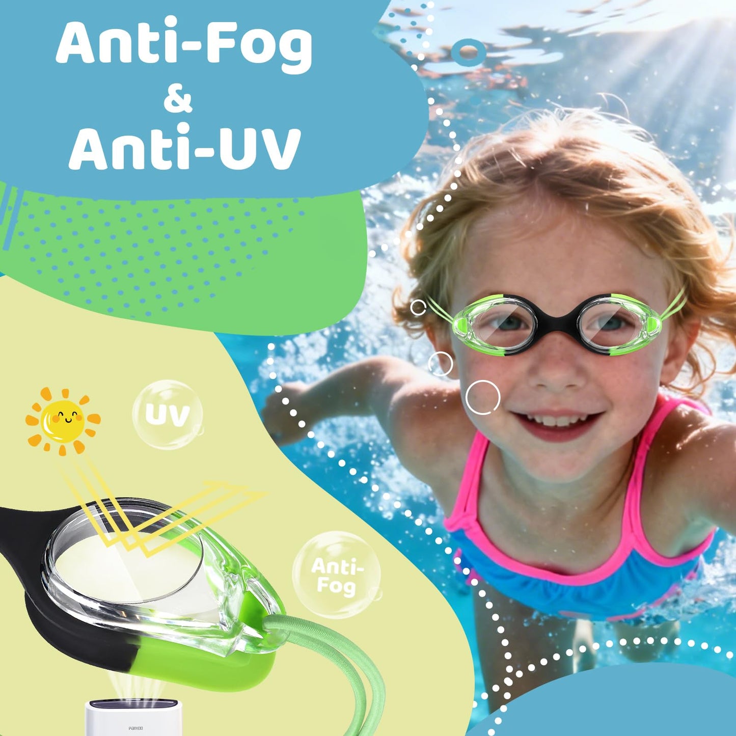 Vvinca Kids Swim Goggles 2 Pack, Bungee Strap No Hair Pulling, Anti Fog Waterproof Goggles for Boys Girls Youth Ages 3-14, Soft Silicone Seal for Pool Beach, Toddler Swim Accessories