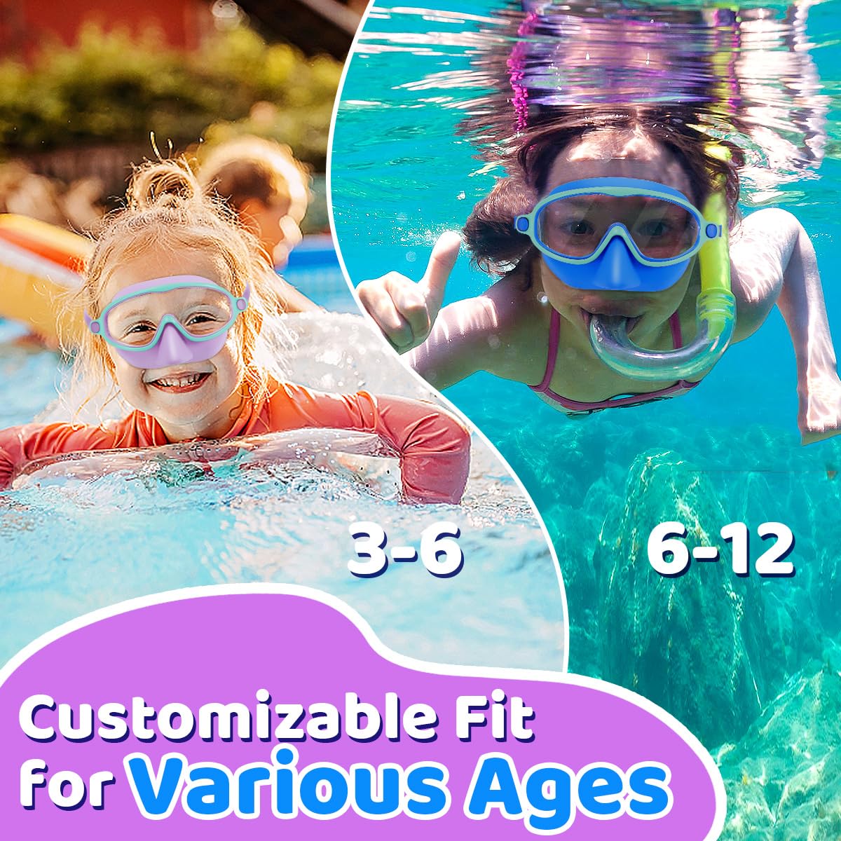 Vvinca Swim Goggles with Nose Cover, 2 Pack Wide View Diving Mask Anti-Fog UV No Leak Toddlers Swimming Goggles for Kids 3-12