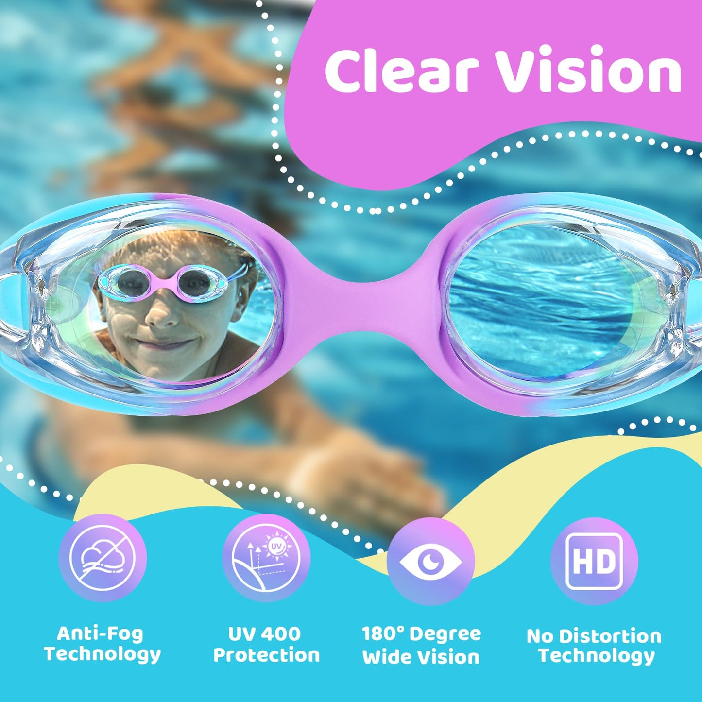 Vvinca Kids Swim Goggles with Bungee Strap No Leaking Anti Fog Toddler Goggles with Quick Adjust Ages 3-14