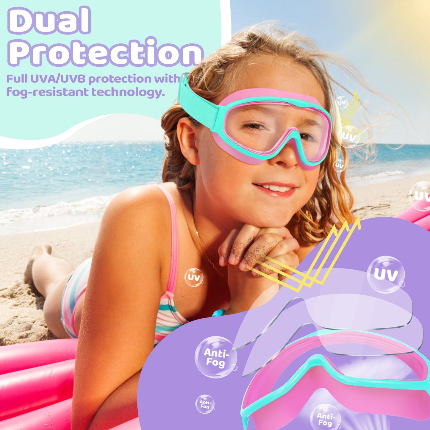 Vvinca Kids Swim Goggles with Comfort Fabric Strap 2 Pack, Wide View Anti-Fog/UV No Leak Swimming Goggles for Kids 3-14 Boys Girls Toddler
