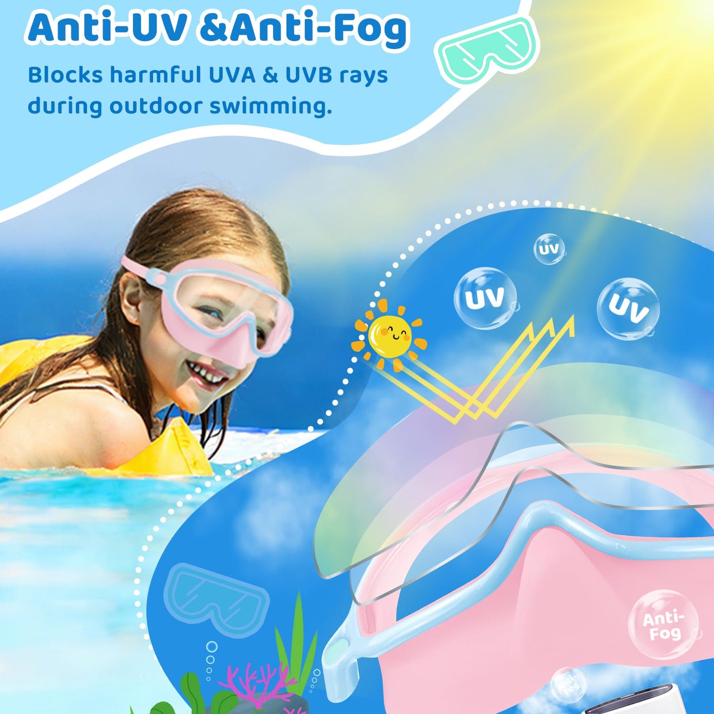 Vvinca 2 Pack Kids Swim Goggles with Nose Cover, Wide View Anti-Fog UV Protection Swimming Mask for Boys Girls Ages 3-14, No Leak Pool Goggles for Toddlers