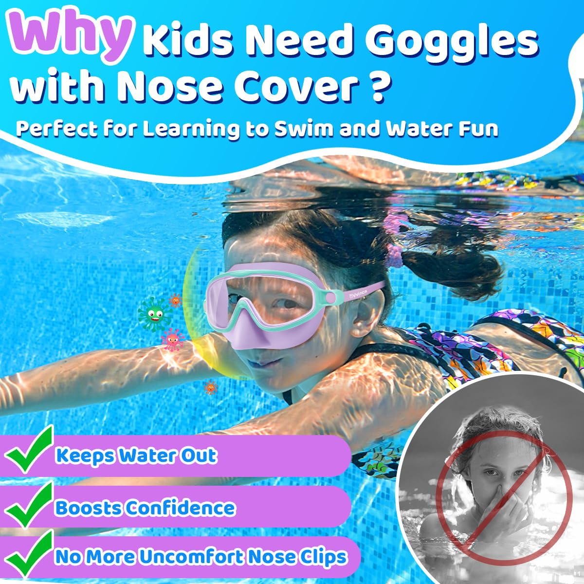 Vvinca Swim Goggles with Nose Cover, 2 Pack Wide View Diving Mask Anti-Fog UV No Leak Toddlers Swimming Goggles for Kids 3-12