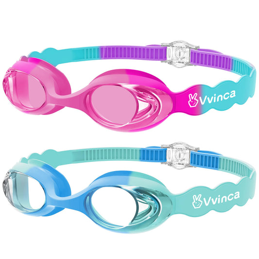 Vvinca 2 pack Kids Swim Goggles for Boys Girls Age 3-12, Wave-Shaped Quick Adjust Strap, Anti-Fog UV Protection Swimming Goggles, No Leaking Kids Goggles for Toddler Youth Pool Water Swimming