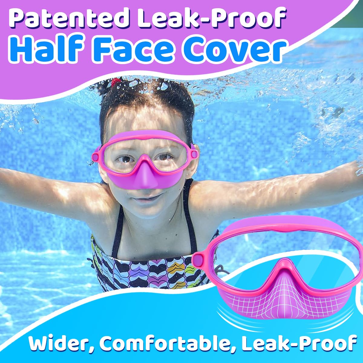 Vvinca Swim Goggles with Nose Cover, 2 Pack Wide View Diving Mask Anti-Fog UV No Leak Toddlers Swimming Goggles for Kids 3-12