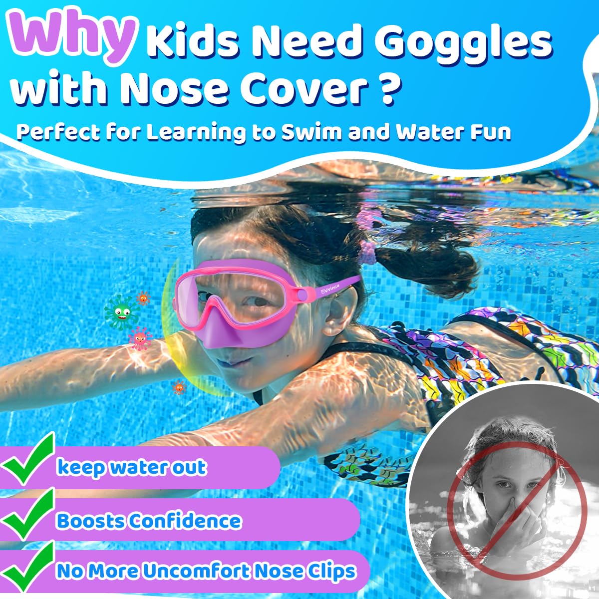 Vvinca Swim Goggles with Nose Cover, 2 Pack Wide View Diving Mask Anti-Fog UV No Leak Toddlers Swimming Goggles for Kids 3-12
