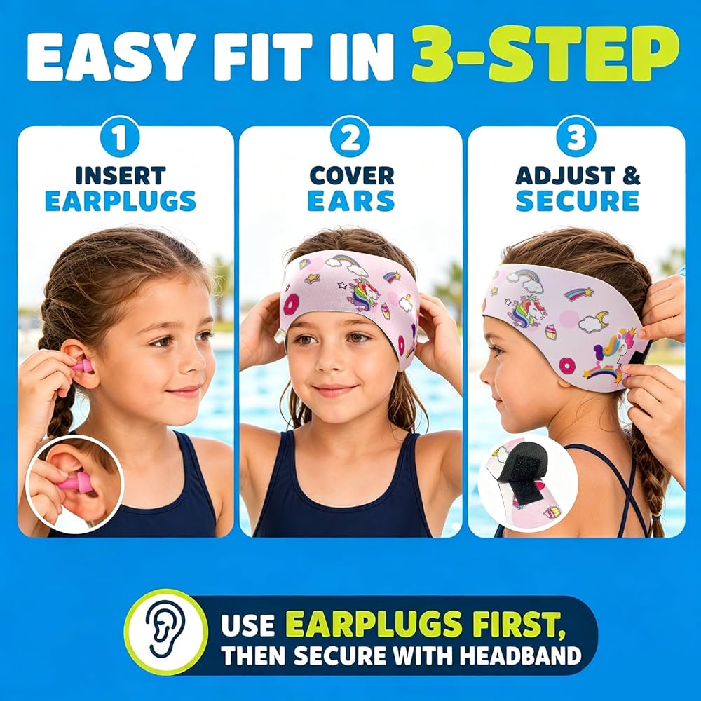Kids Swimming Headbands — 2 Pack — Pink Unicorn + Purple Mermaid image 05