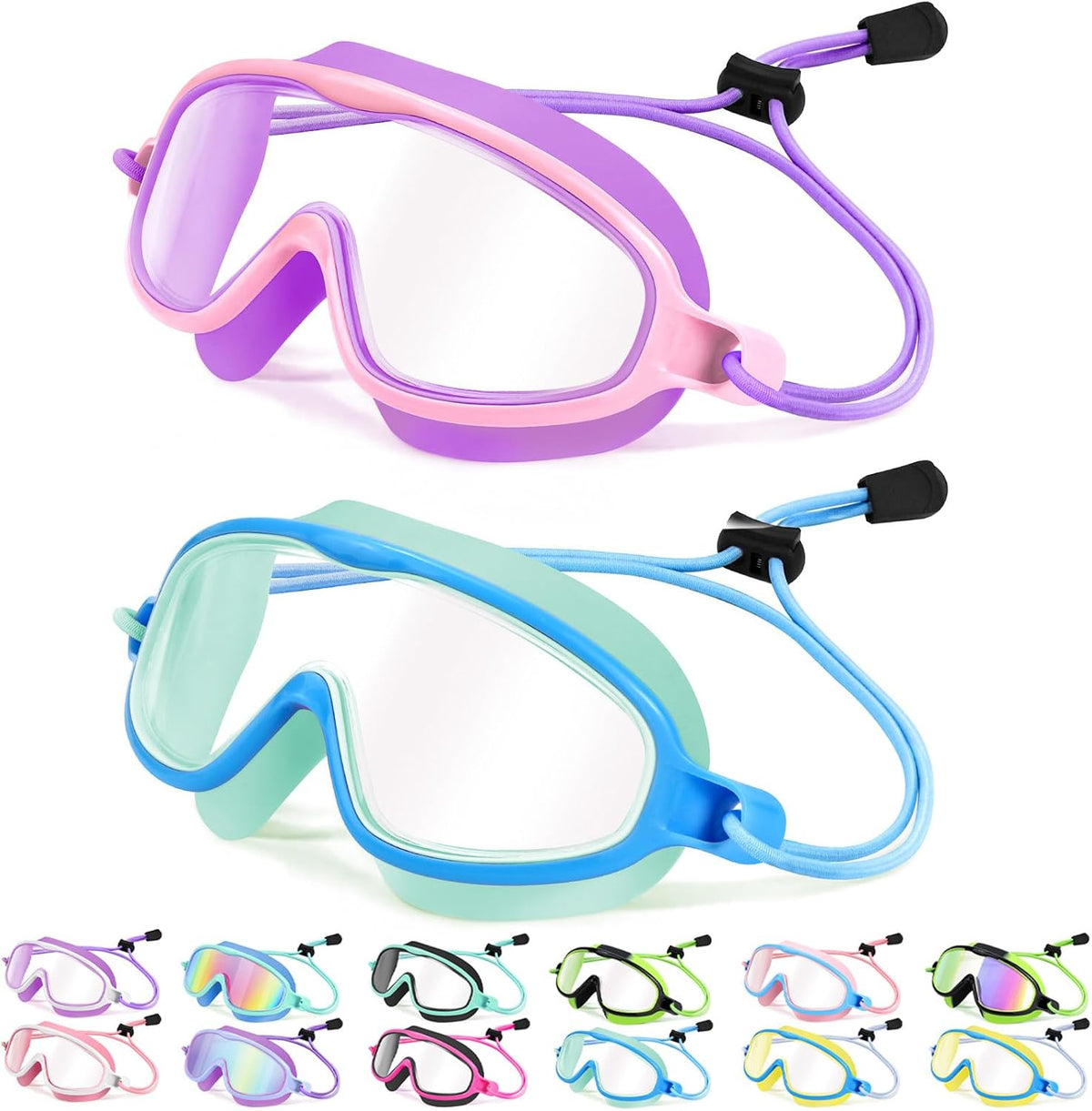 Kids Wide-View Bungee-Strap Goggles - 2 Pack — Blue Green + Pink Purple
