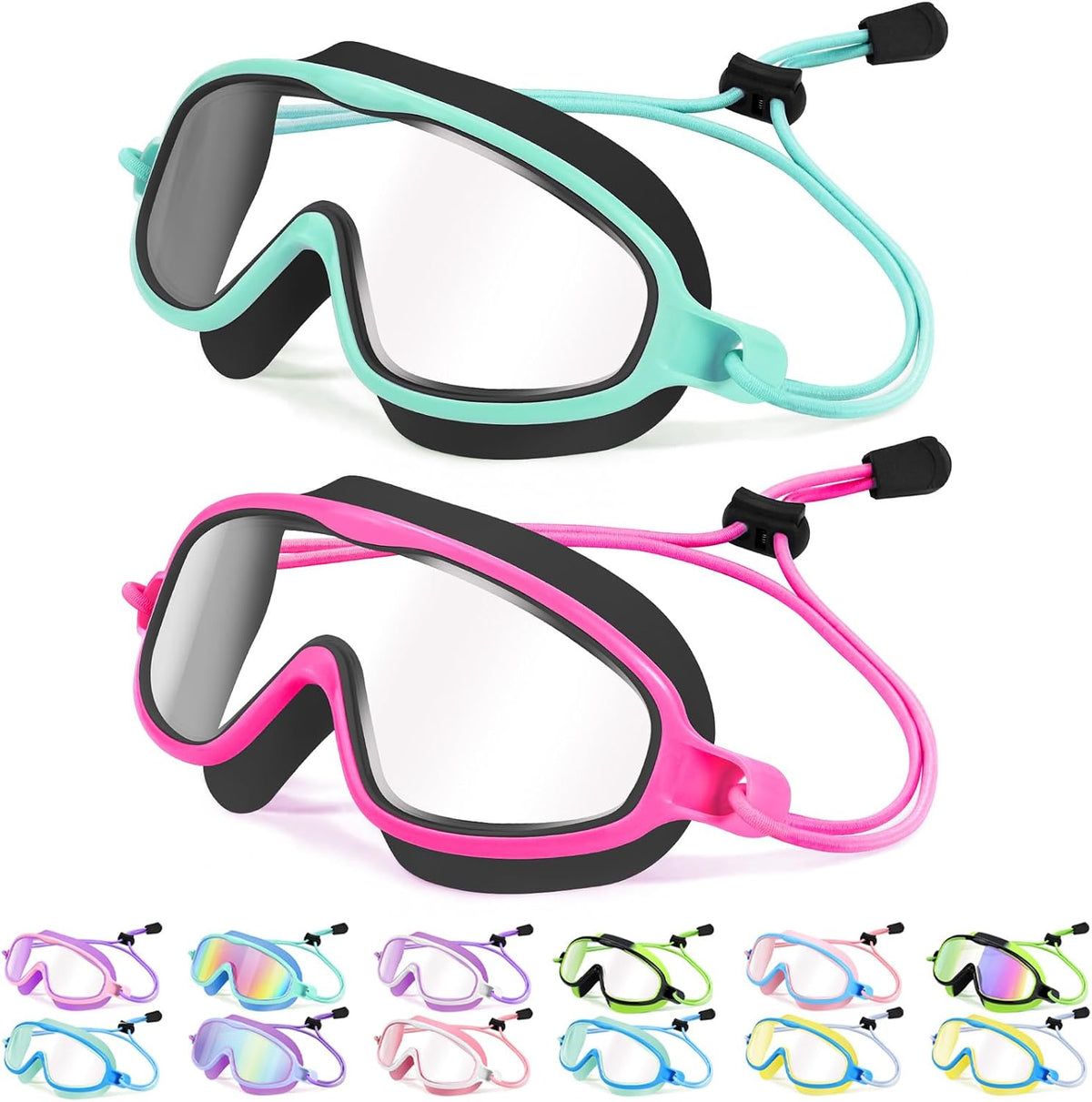 Kids Wide-View Bungee-Strap Goggles - 2 Pack — Magenta Black + Green Black