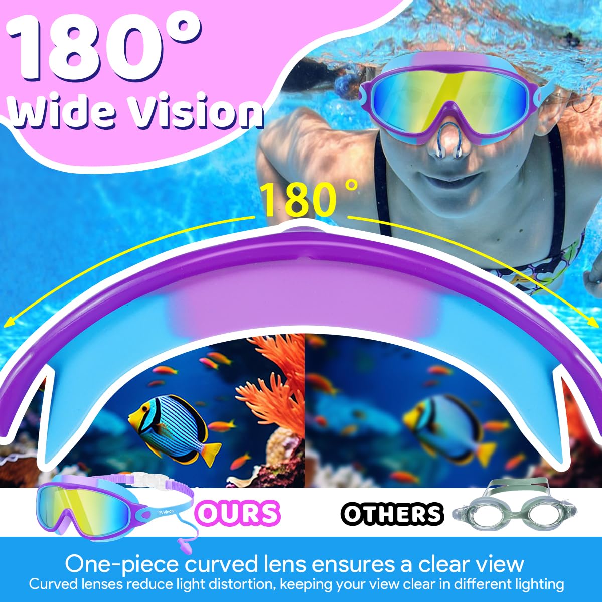Vvinca Swim Goggles, Kids Goggles with Earplugs& Nose Clip Wide View Anti-Fog/UV Swimming Goggles for Age 3-15 Boys Girls
