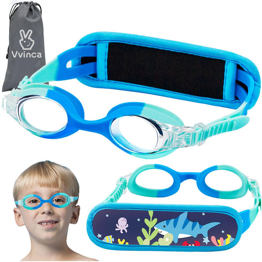 Vvinca Kids Swim Goggles for Ages 2–8, Fabric Strap No Hair Pulling, Anti-Fog & Leak-Resistant for Pool & Swim Lessons