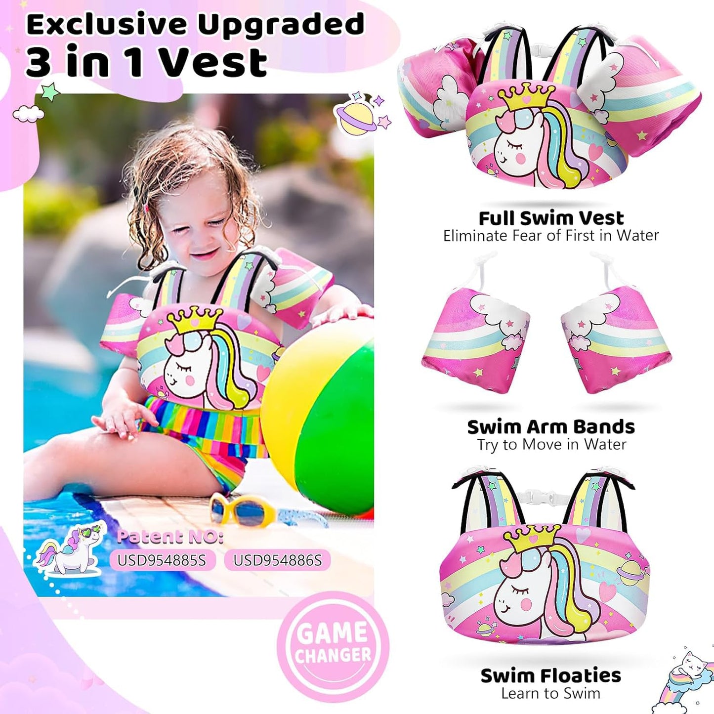 Vvinca Separable Toddler Swim Vest Fit 22-66 Lbs（2-6 Years）| 3 in 1 Toddler Floaties Pool Float & Arm Bands Boys and Girls, Adjustable Sturdy Safety for 2 3 4 5 6 Year