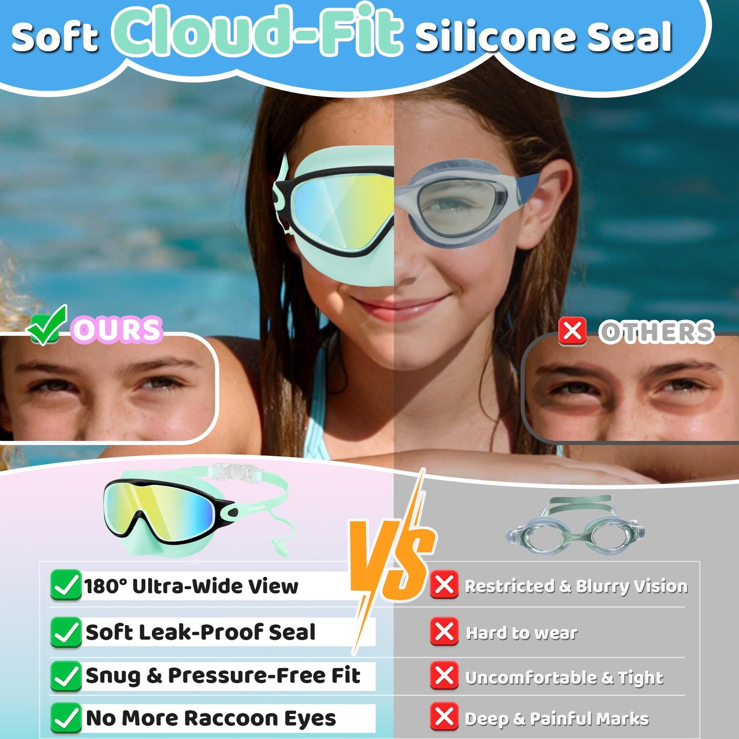 Vvinca Kids Swim Goggles 2 Pack with Nose Cover and Attached Earplugs, Wide View Anti-Fog/UV Swimming Goggles for Age 3-12 Boys Girls, No Leak Pool Water Clear Swimming Goggle for Youth Toddler