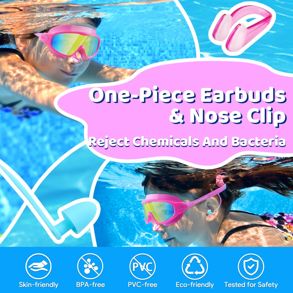 Vvinca Swim Goggles, Kids Goggles with Earplugs& Nose Clip Wide View Anti-Fog/UV Swimming Goggles for Age 3-15 Boys Girls