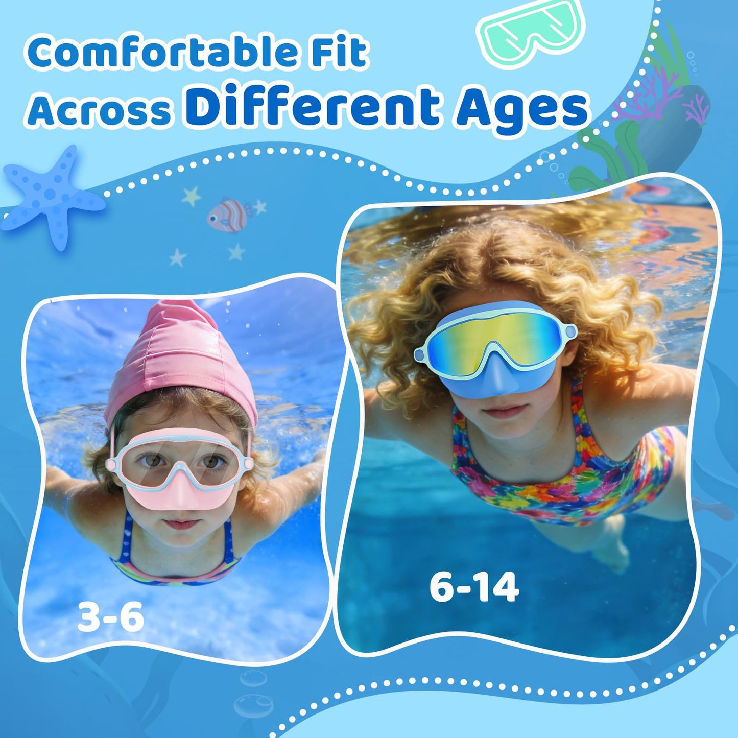 Vvinca 2 Pack Kids Swim Goggles with Nose Cover, Wide View Anti-Fog UV Protection Swimming Mask for Boys Girls Ages 3-14, No Leak Pool Goggles for Toddlers