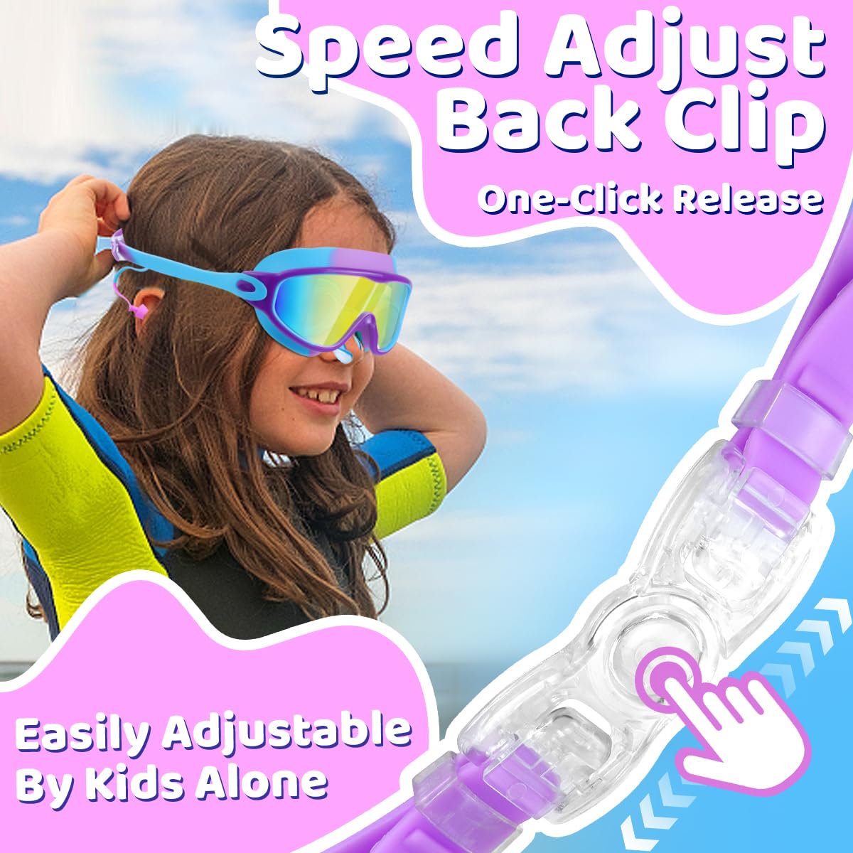 Vvinca Swim Goggles, Kids Goggles with Earplugs& Nose Clip Wide View Anti-Fog/UV Swimming Goggles for Age 3-15 Boys Girls