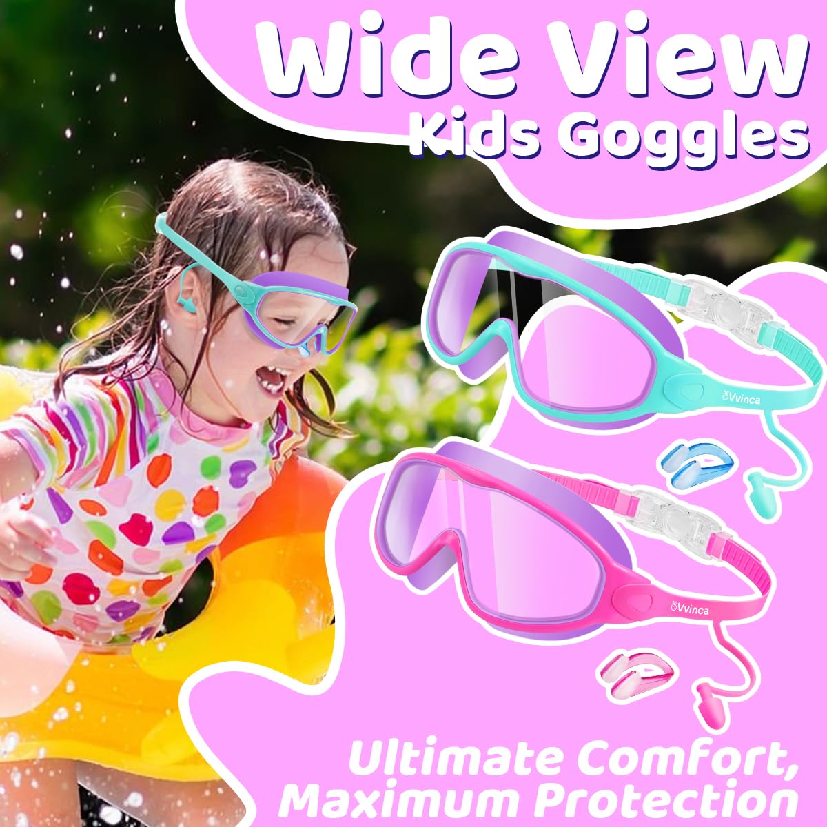 Vvinca Swim Goggles, Kids Goggles with Earplugs& Nose Clip Wide View Anti-Fog/UV Swimming Goggles for Age 3-15 Boys Girls