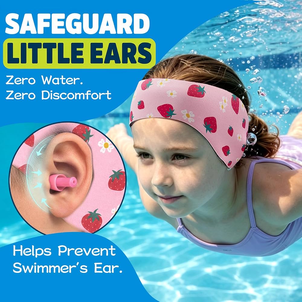 Kids Swimming Headbands — 2 Pack — Pink Unicorn + Pink Strawberry image 03