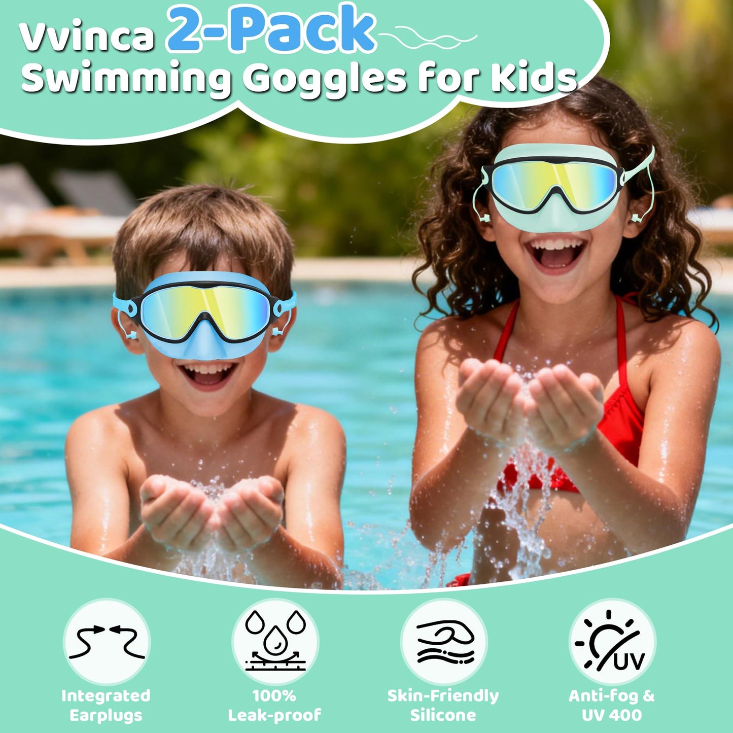 Vvinca Kids Swim Goggles 2 Pack with Nose Cover and Attached Earplugs, Wide View Anti-Fog/UV Swimming Goggles for Age 3-12 Boys Girls, No Leak Pool Water Clear Swimming Goggle for Youth Toddler