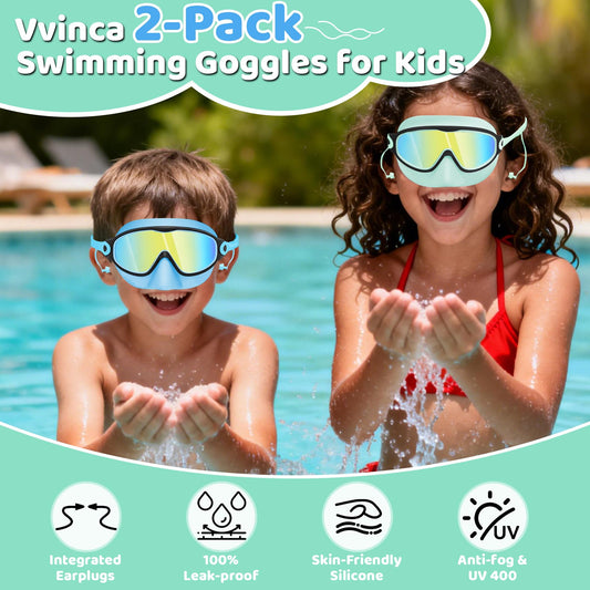 Vvinca Kids Swim Goggles 2 Pack with Nose Cover and Attached Earplugs, Wide View Anti-Fog/UV Swimming Goggles for Age 3-12 Boys Girls, No Leak Pool Water Clear Swimming Goggle for Youth Toddler