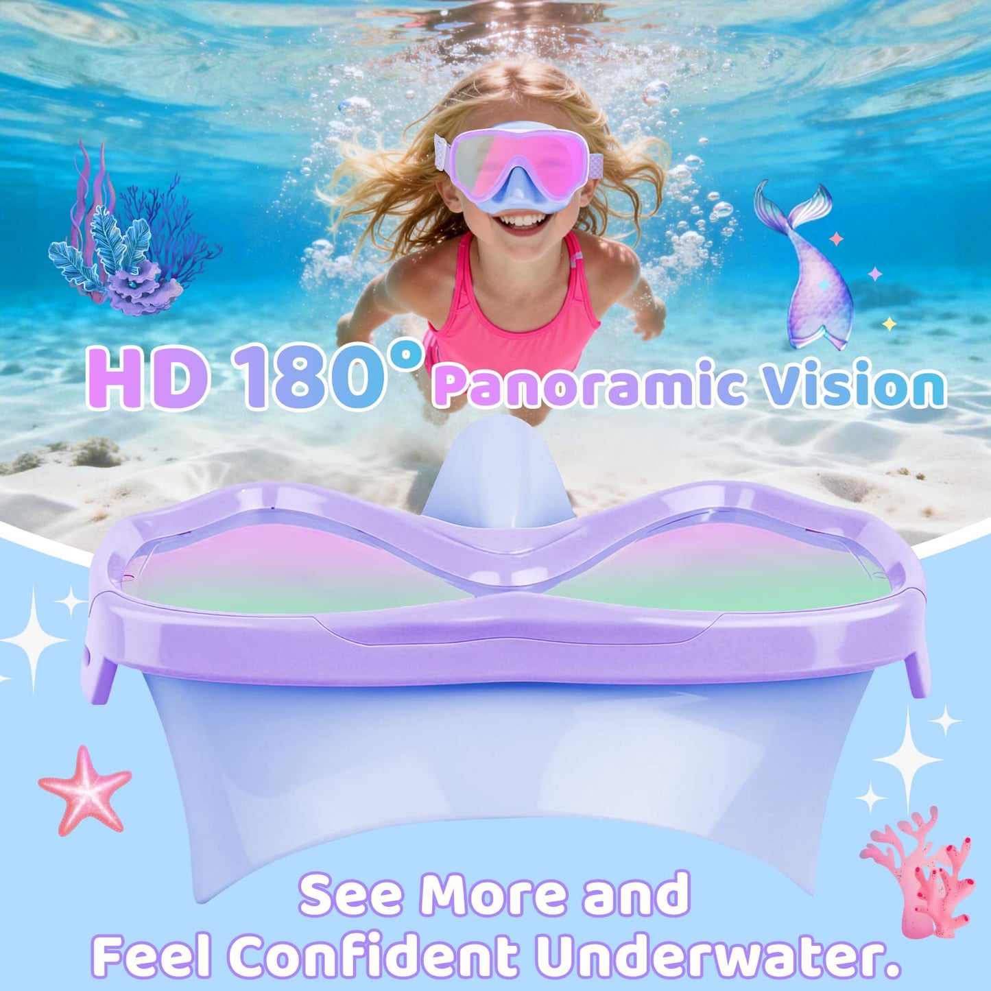 Vvinca Kids Swim Goggles with Nose Cover & Tangle-Free Fabric Strap - Anti-Fog/UV Waterproof Swimming Mask for Boys Girls 3-15, Wide View Snorkel Gear with Soft Silicone Seal, Mermaid Scales