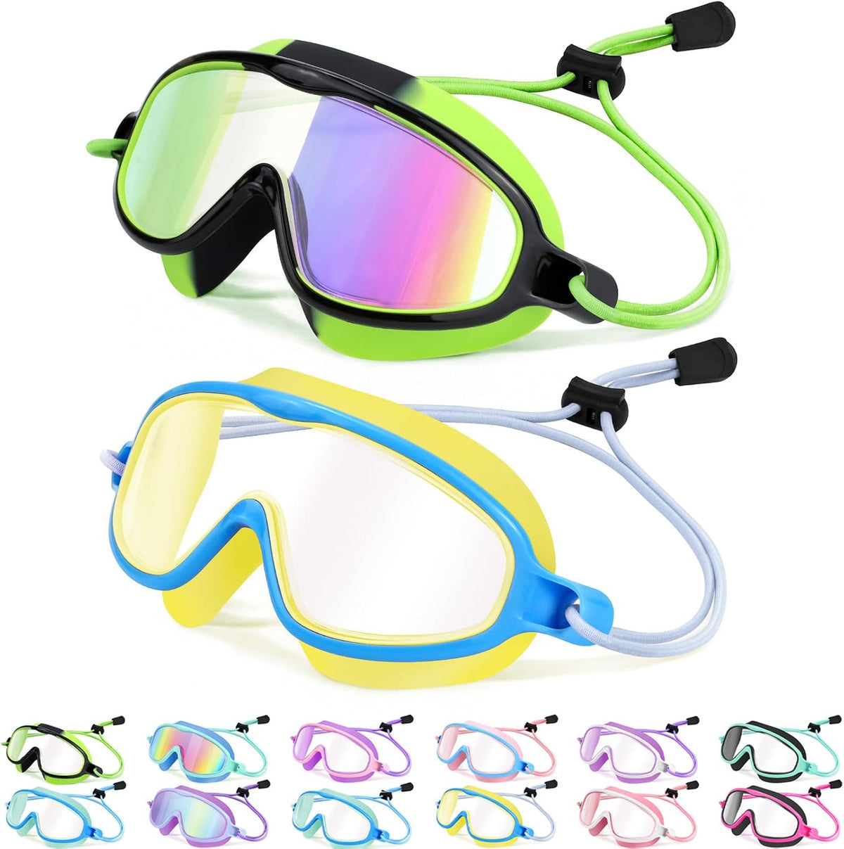 Kids Wide-View Bungee-Strap Goggles - 2 Pack — Green Black Mirror Lens + Yellow Blue