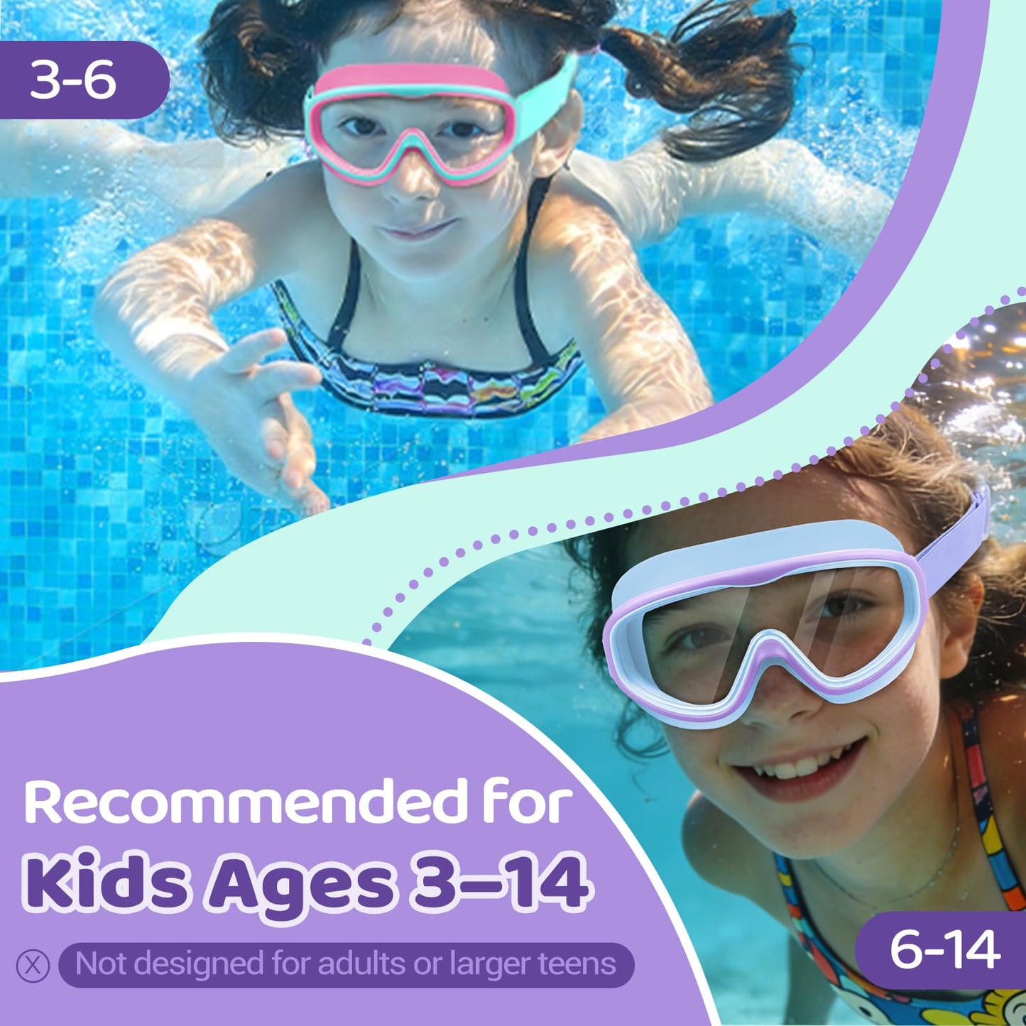 Vvinca Kids Swim Goggles with Comfort Fabric Strap 2 Pack, Wide View Anti-Fog/UV No Leak Swimming Goggles for Kids 3-14 Boys Girls Toddler