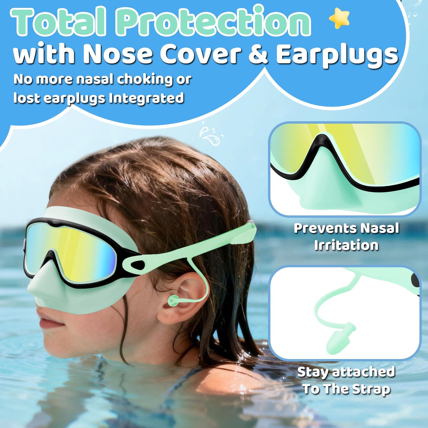 Vvinca Kids Swim Goggles 2 Pack with Nose Cover and Attached Earplugs, Wide View Anti-Fog/UV Swimming Goggles for Age 3-12 Boys Girls, No Leak Pool Water Clear Swimming Goggle for Youth Toddler