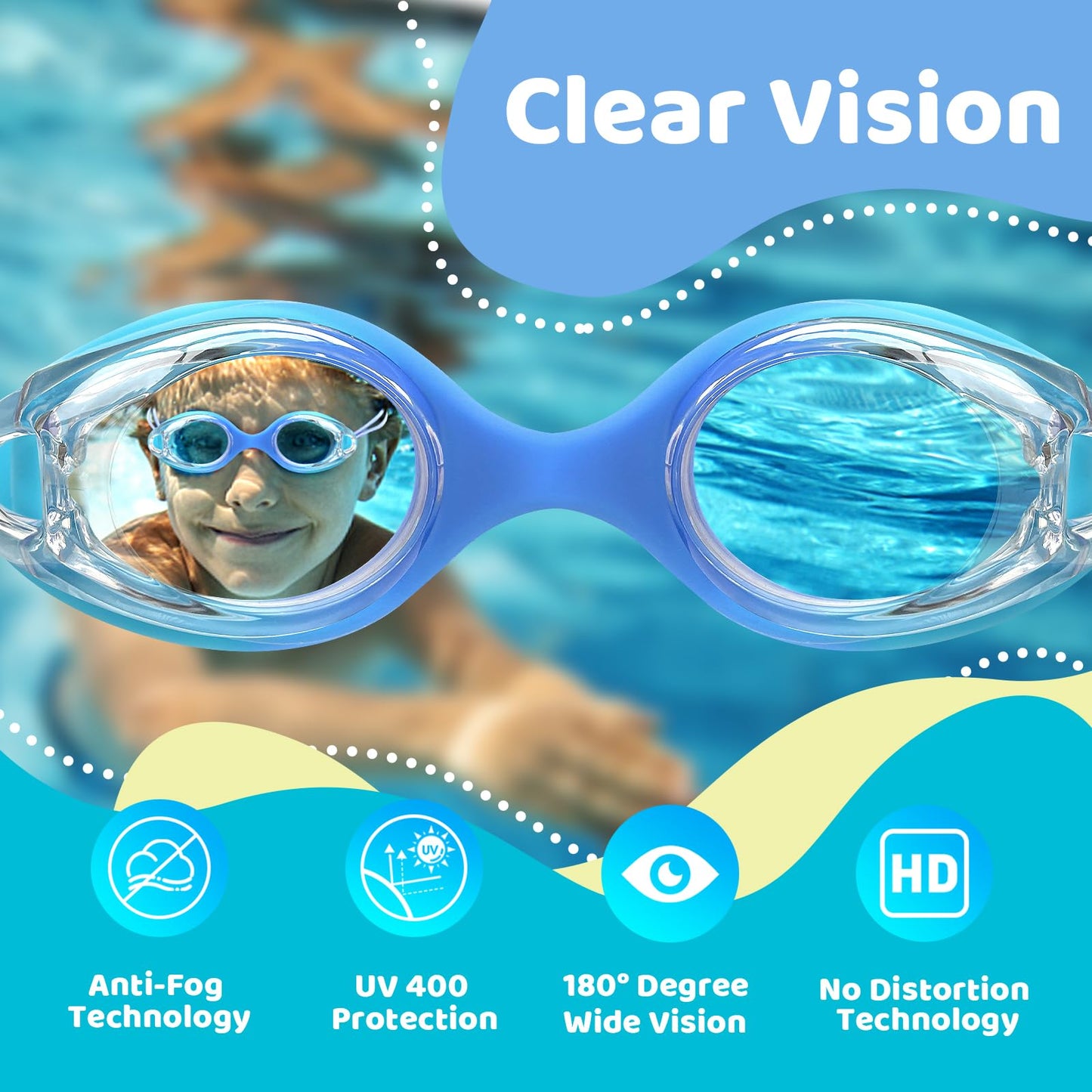 Vvinca Kids Swim Goggles with Bungee Strap No Leaking Anti Fog Toddler Goggles with Quick Adjust Ages 3-14