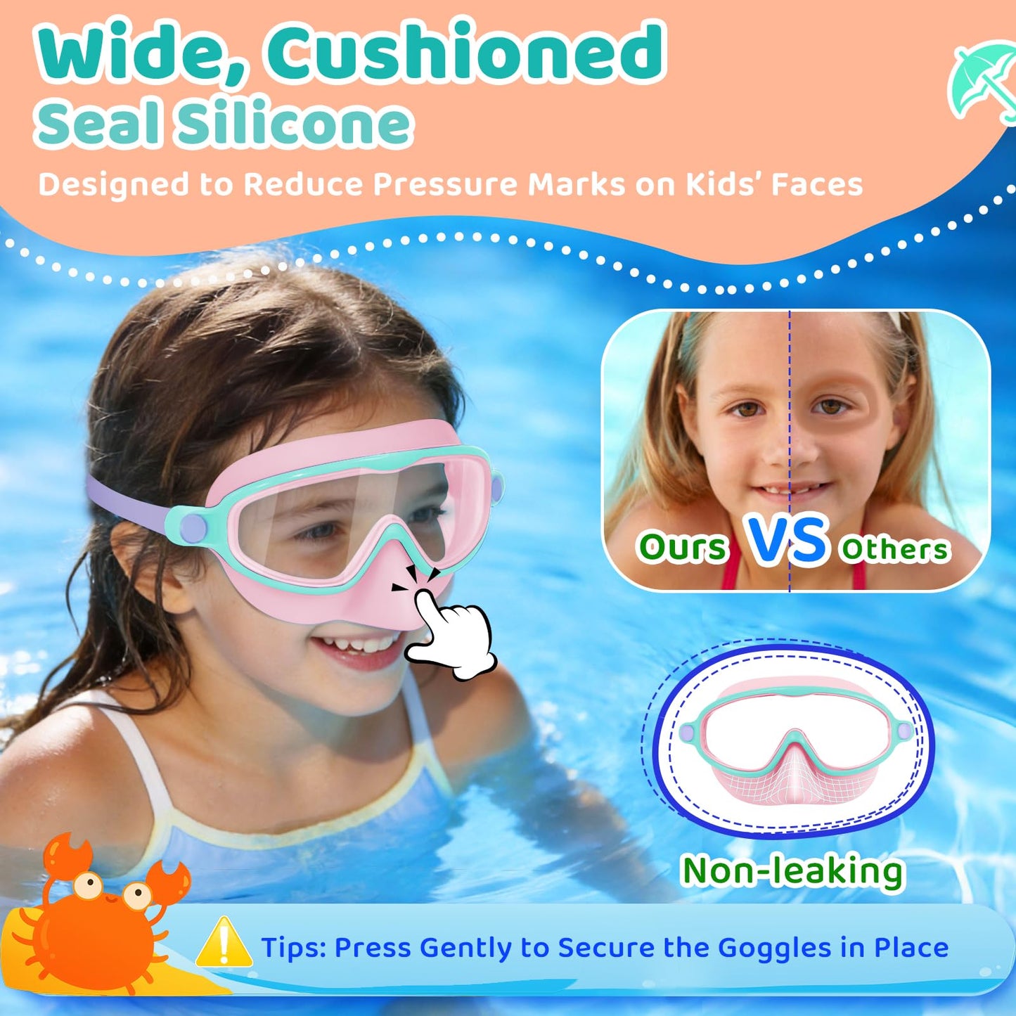 Vvinca 2 Pack Kids Swim Goggles with Nose Cover, Wide View Anti-Fog UV Protection Swimming Mask for Boys Girls Ages 3-14, No Leak Pool Goggles for Toddlers