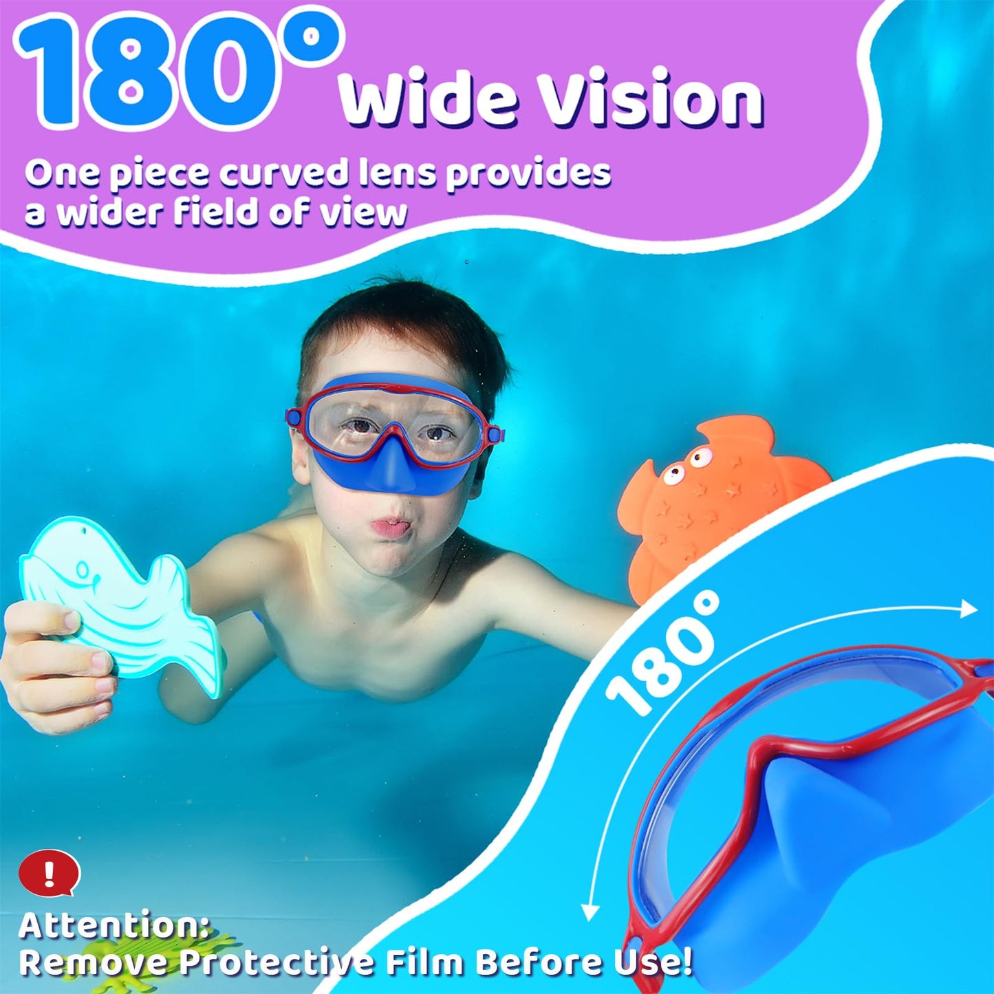 Vvinca Swim Goggles with Nose Cover, 2 Pack Wide View Diving Mask Anti-Fog UV No Leak Toddlers Swimming Goggles for Kids 3-12