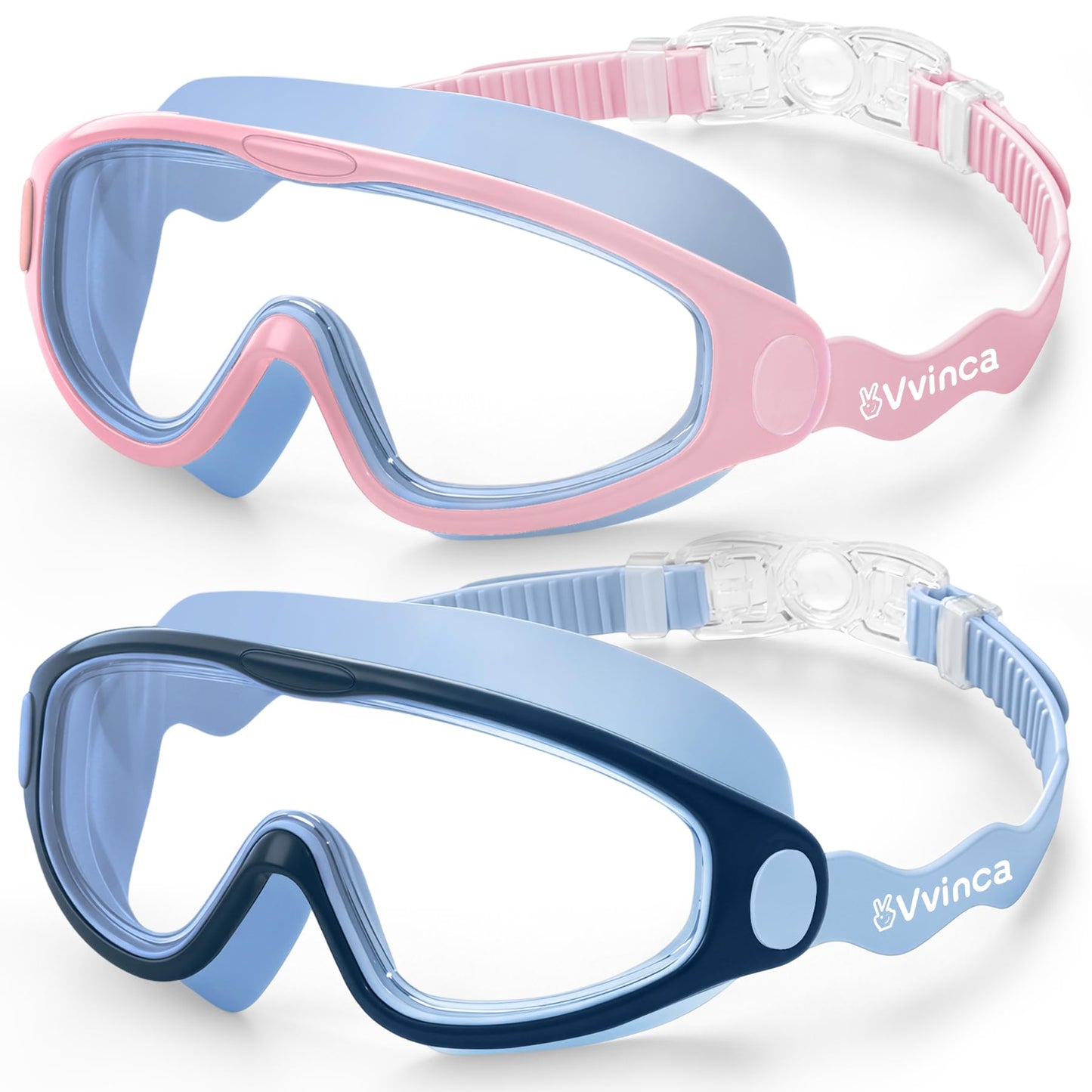 Vvinca Kids Swim Goggles for Boys Girls Age 3-15, Soft Wave-Shape Strap (No Hair Pulling), 180° Wide View Anti Fog/UV Waterproof Swimming Goggles, Leak Free Silicone Pool Goggle for Toddler Youth