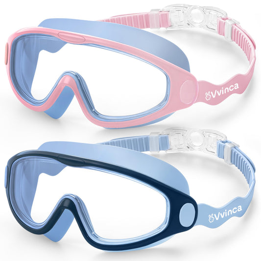 Vvinca Kids Swim Goggles for Boys Girls Age 3-15, Soft Wave-Shape Strap (No Hair Pulling), 180° Wide View Anti Fog/UV Waterproof Swimming Goggles, Leak Free Silicone Pool Goggle for Toddler Youth