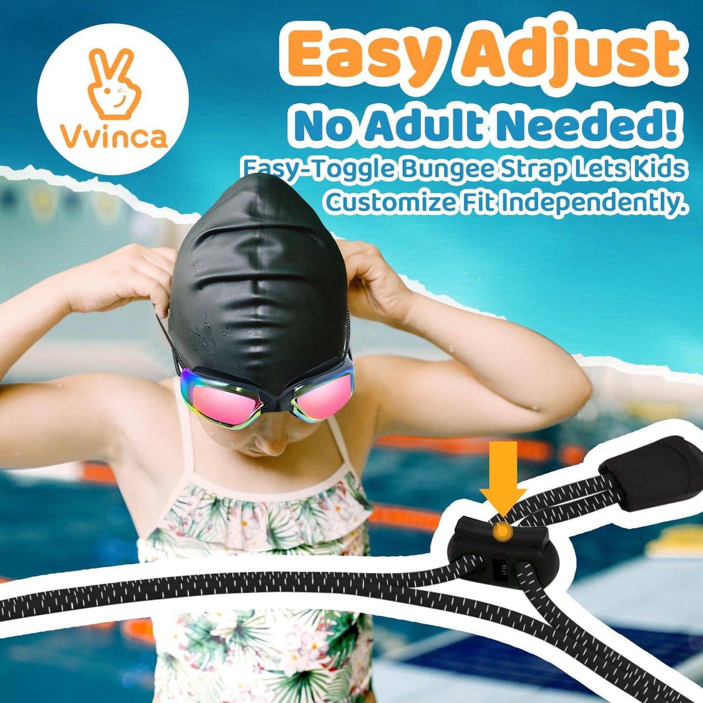 Vvinca Goggles for Kids 6-14 with Bungee Strap 2pc, Toddler Kids Swim Goggles for Swimming 8-12 No Hair Pulling for Boys Girl